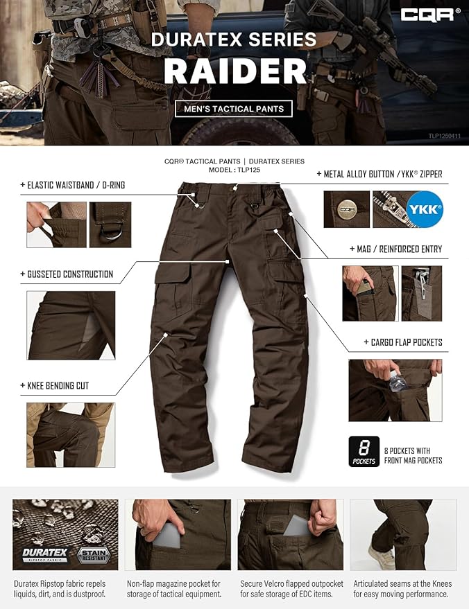 CQR Men's Tactical Pants, Water Resistant Ripstop Cargo Pants, Lightweight EDC Work Hiking Pants, Outdoor Apparel