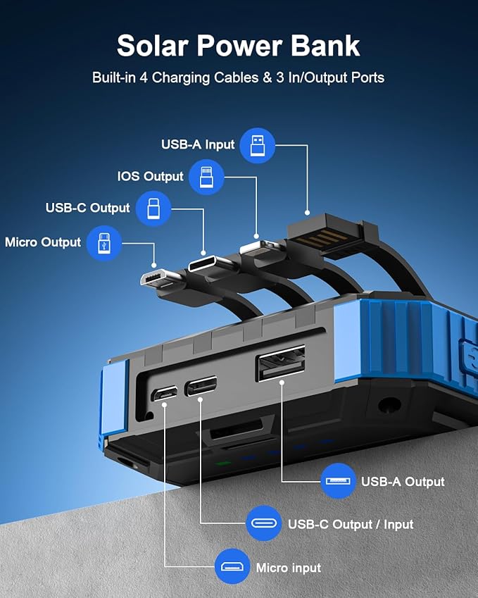 Solar Charger Power Bank, 49800mAh Wireless Portable Phone Charger, 15W QC3.0 Fast Charging External Battery Pack with 4 Built-in Cables, USB-C in/Output, with Dual Flashlights for Outdoor (Blue)