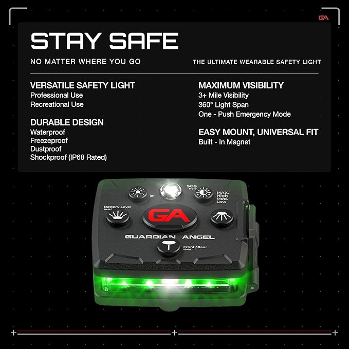 Guardian Angel Micro Series Safety Lights, Beacon Device (Green Front & Green Rear) | Rechargeable, Magnetic & Hands-Free Wearable LED Light for Dog Walking, Cycling, Camping & Kayaking