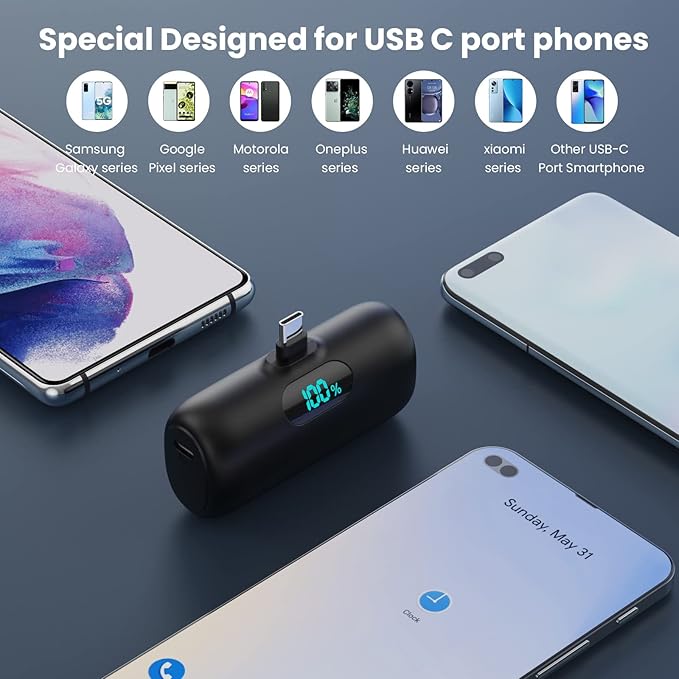 Mini Portable Charger 5000mAh Power Bank,15W PD USB C Cell Phone Portable Power, LCD Display Battery Pack Compatible With iPhone 15/15 Plus/15 Pro/15 Pro Max/Android/Samsung/Moto/LG (Type-C Only)