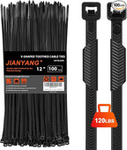 Zip Ties Heavy Duty 12 inch，V-Shaped Toothed Double Sided With 120 LBS Tensile Strength Cable Ties ，Extra Large Wire Ties Adjustable Nylon Tie Wraps for Indoor Outdoor Patented Design（100 Pack Black）