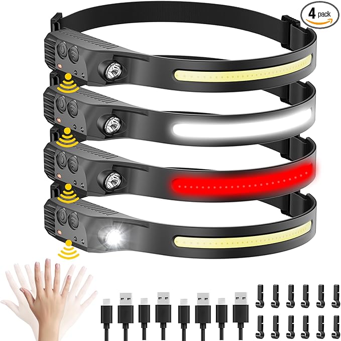 Rechargeable Headlamp with Red Light 4PCS, Motion Sensor 230° Head Lamp, Hard Hat Light for Adults, Headlight for Forehead, LED Headband Flashlight for Work, Running, Camping Essentials Gear