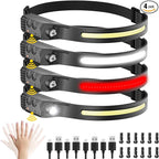 Rechargeable Headlamp with Red Light 4PCS, Motion Sensor 230° Head Lamp, Hard Hat Light for Adults, Headlight for Forehead, LED Headband Flashlight for Work, Running, Camping Essentials Gear