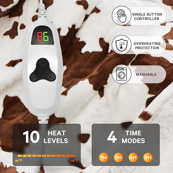 Cow Print Heated Electric Blanket Full Size,72X84 Brown Heating Blanket with 10 Heats Levels & 8 Hours Auto Off,Highland Cow Decor Fleece Sherpa Blankets Warmer Gifts for Women Adults,Washable,ETL