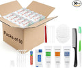 50 Sets Travel Toiletries Kit Bulk, 9-in-1 Disposable Personal Hygiene Kit with Toothbrush,Toothpaste,Floss,Shampoo,Shower Gel,Conditioner,Soap,Comb, and Vanity Kit for Hotel Guest Donations Supplies