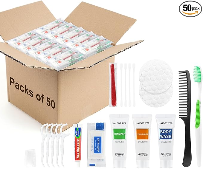 50 Sets Travel Toiletries Kit Bulk, 9-in-1 Disposable Personal Hygiene Kit with Toothbrush,Toothpaste,Floss,Shampoo,Shower Gel,Conditioner,Soap,Comb, and Vanity Kit for Hotel Guest Donations Supplies