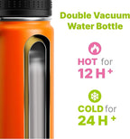 16 oz Water Bottle Stainless Steel Vacuum Insulated Wide Mouth Sports Flask, 2 Pack Water Bottle with Leakproof Spout Lid (Orange-Black)