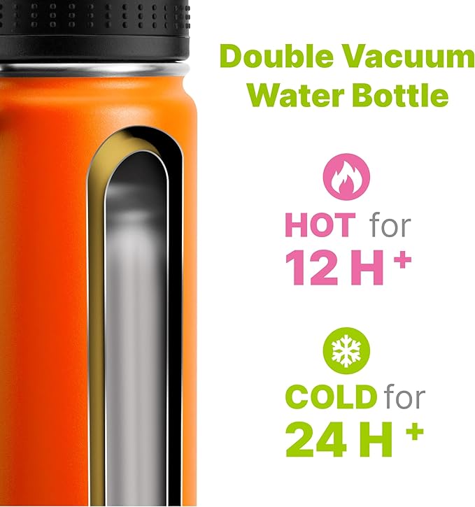 16 oz Water Bottle Stainless Steel Vacuum Insulated Wide Mouth Sports Flask, 2 Pack Water Bottle with Leakproof Spout Lid (Orange-Black)