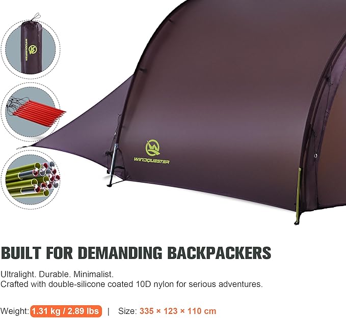 Backpacking Ultralight 2Person Tunnel Tent, 2.89lbs, Double Silicone-Coated Fabric, Compact 3-Season Tent – Wine Brown