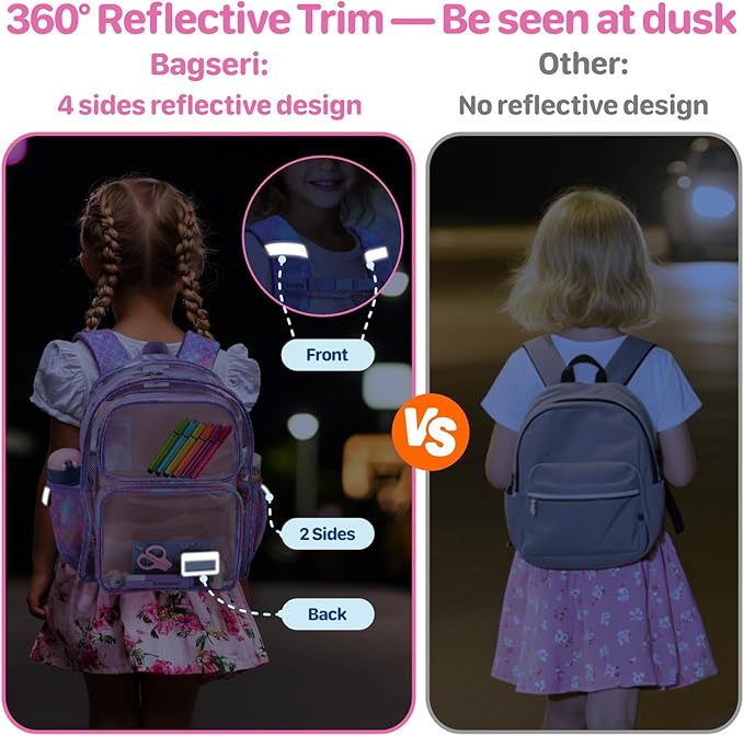 Bagseri Clear Backpack for Girls - 15 Inch Heavy Duty Kids Clear Bookbag for Kindergarten to Grade 2, Transparent School Bag with Reflective Strip, Fits Folders, Purple Mermaid