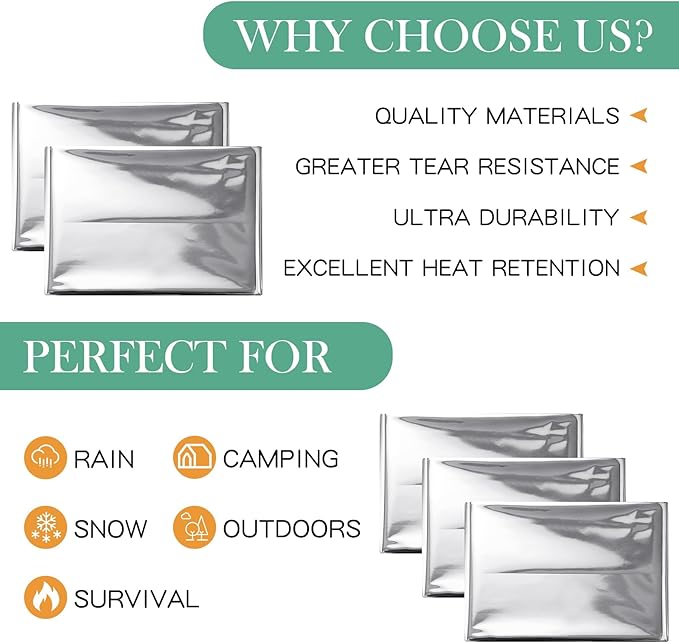 Macarrie 180 Pack Emergency Foil Thermal Blankets Silver Foil Survival Blanket Space Blanket Kit for Outdoors, Camping, Hiking, Homeless, First Aid