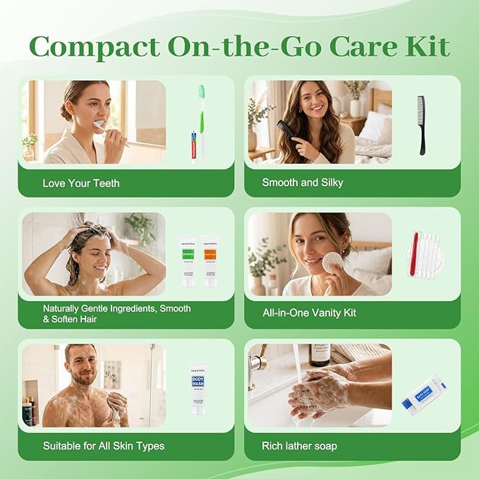 100 Sets Travel Toiletries Kit Bulk, 9-in-1 Disposable Personal Hygiene Kit with Toothbrush,Toothpaste,Floss,Shampoo,Shower Gel,Conditioner,Soap,Comb, and Vanity Kit for Hotel Guest Donations Supplies