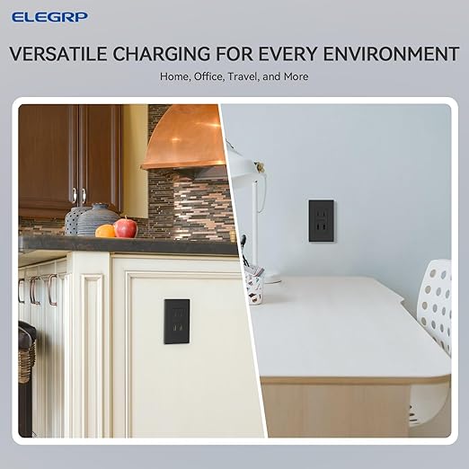 ELEGRP 42W Fast Charge & Power Delivery 4-Port USB Wall Outlet, UL/CUL Listed, Wall Plate Included, Matte Black