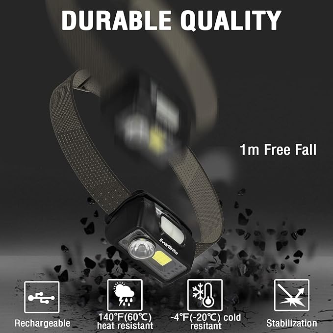 EverBrite Rechargeable Headlamp, LED Bright Motion Sensor Head Lamp Flashlight with 9 Modes, Adjustable Headlight for Adults with White Red Light, Water Resistant, Black, for Hiking, Running, Camping