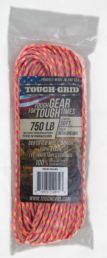 TOUGH-GRID Paracord Rope 750 lbs Nylon Parachute Cord, Made in USA Survival Kit, Outdoor Adventures, Camping, Tactical Gear & Emergency Supplies, Military Type IV Mil-Spec