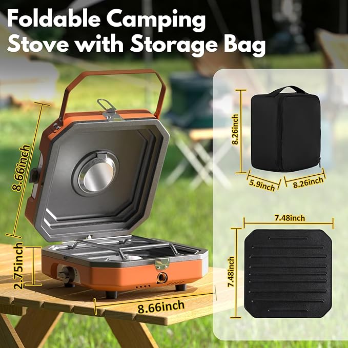 Adjustable 2 Burner Popane Stove with 16000 BTU, Flameout Protection, with Camping Grill and Carrying Bag, Portable Camping Stove for Camping, Backyard BBQ,Tailgating (Orange)