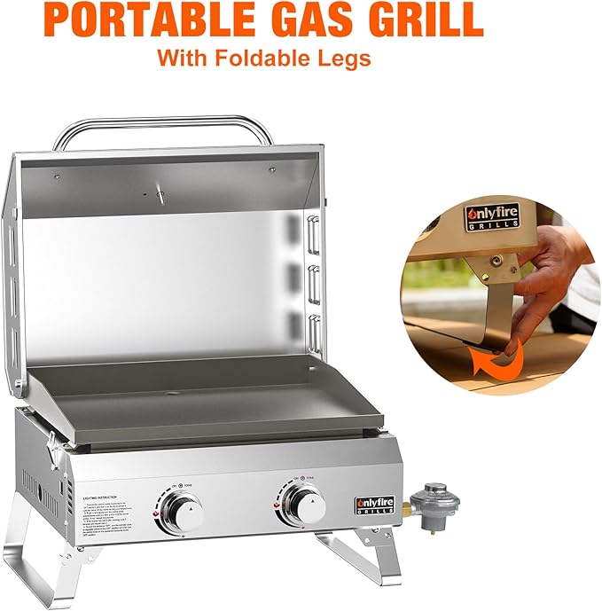 Tabletop Gas Griddle with Lid & Foldable Legs, 2-Burner BBQ Propane Flat Top Griddle, Portable Grill Stove for Outdoor Cooking Patio Party Camping Tailgating RV, Stainless Steel, GS318