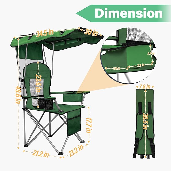 BDL Camping Chair with Canopy Shade Portable Folding Beach Chairs with Cooler, Mesh Backrest, Cup Holder, and Pocket for Camping, Fishing, Beach, and Sports,Green