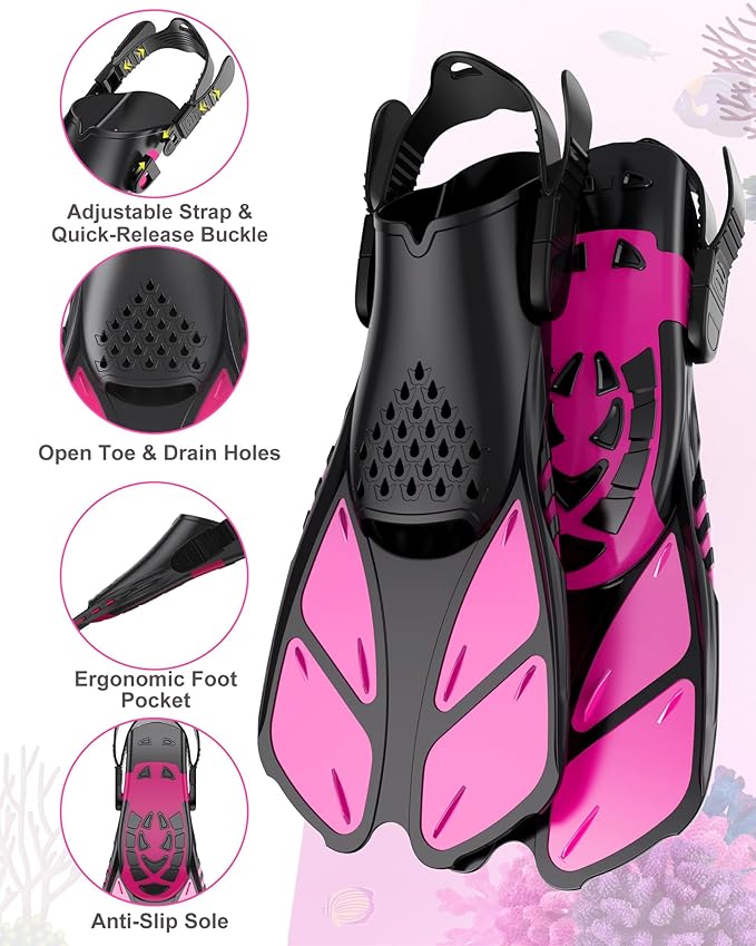 Snorkeling Gear for Kids Teens, Full Face Snorkel Mask & Adjustable Swim Fins Snorkel Set, Panoramic View Snorkel Mask with Dry Top System & Gear Bag, Anti-Fog Anti-Leak