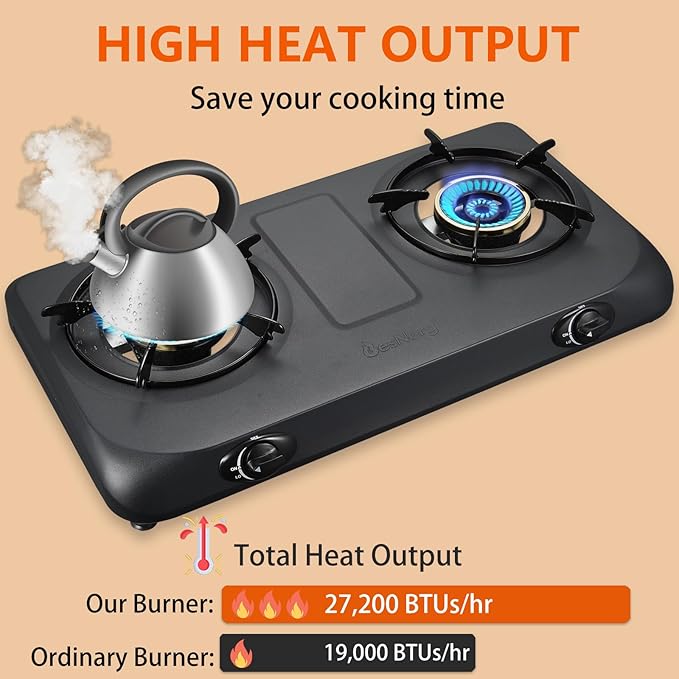 Propane Stove 2 Burner Gas Stove Top, 27200 BTU High-Efficiency LPG Metal Cooktop With Auto Ignition, CSA Regulator and Hose, Perfect for Outdoor Kitchen, Camping, RV & Emergency Cooking