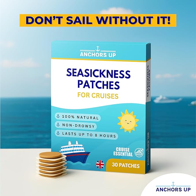 Seasickness Patches for Cruises – Treats Motion and Sea Sickness – Non-Drowsy – 100% Natural – Fast Relief – Long-Lasting – Box of 30 – Cruise Essential by AnchorsUp