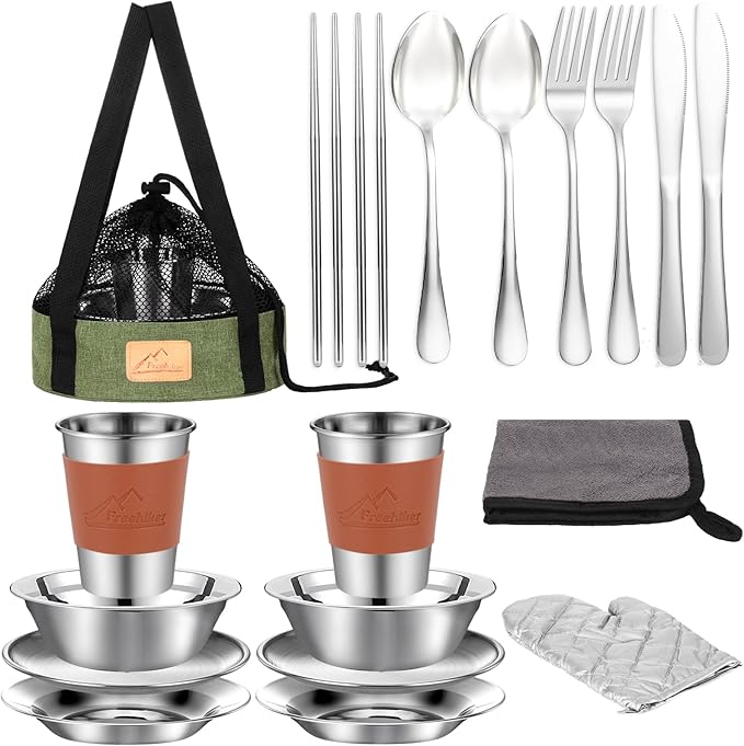 Camping Mess Kit - 1 to 2 persons Camping Dishes includes Cups, Bowls, Knives, Forks, Spoons, Camping Dinnerware Set Camping Cooking Utensils Accessories Plates Dinnerware Set