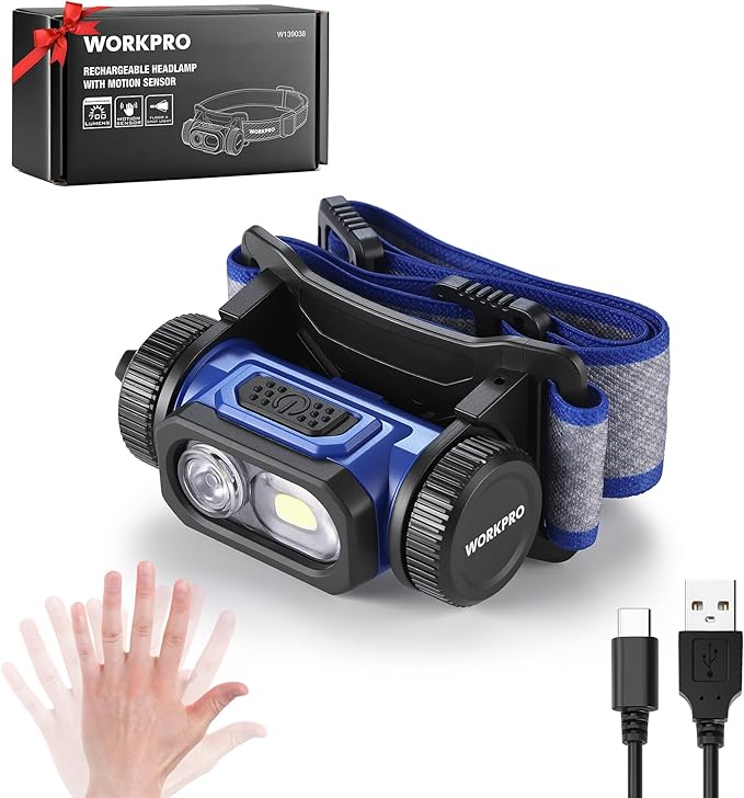 WORKPRO Rechargeable Headlamp, 700LM Super Bright Head Lamp with Motion Sensor, Memory Function, Turbo Mode, Waterproof Headlight for Camping, Hiking, Running, Repair