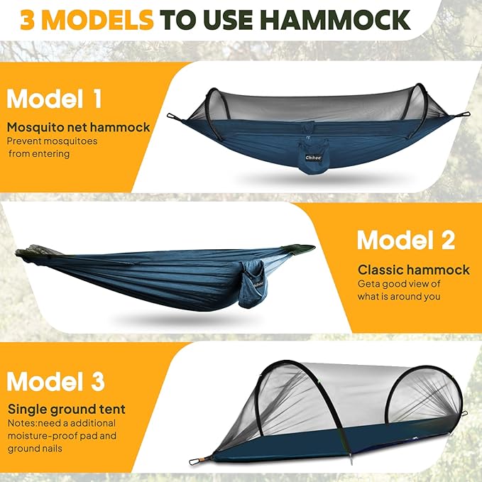 Chihee Ultra-Light Travel Camping Hammock Pop-up Net Hammock 660lbs Load Capacity,Breathable,Quick-Drying Parachute Nylon 2 Premium Carabiners,2 Tree Slings Included for Outdoor Backpacking Hiking