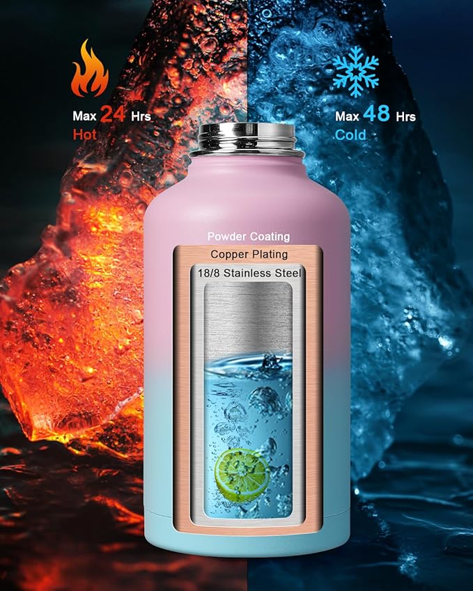 Insulated Water Bottle, 64 oz Stainless Steel Water Bottles with Straw, Leak Proof & BPA Free, Reusable Jug Thermo Flask for Outdoor Sports Gym Camping, Pink/Blue