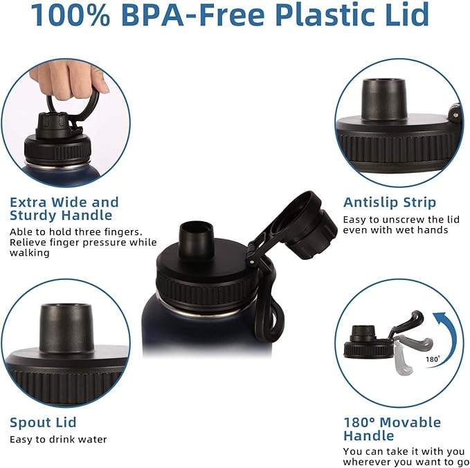 Volhoply Insulated Water Bottles Bulk 2 Pack, 40 oz Reusable Stainless Steel Sports Bottle with Paracord Handle & Spout Lid, Double Wall Vacuum Travel Big Water Cups with Wide Mouth(Navy,2 Set)