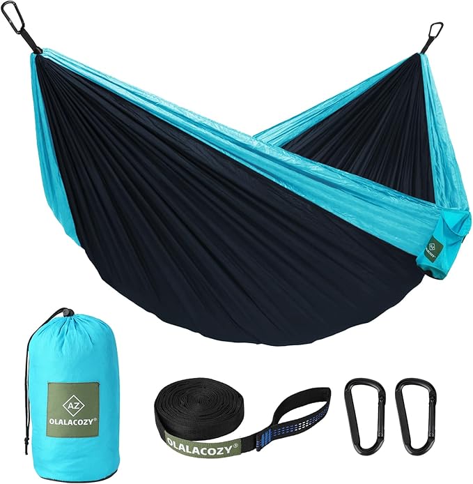 Camping Hammock,Camping Essentials,Lightweight Portable Double & Single Hammock with Tree Straps, Camping Gear for Outside Hiking Camping Beach Backpack Travel, Blue & Light Black, Medium