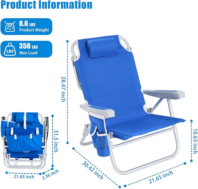 SUNNYFEEL Low Beach Chair 2 Pack, 5-Position Lay Flat Reclining, Backpack Portable Folding Chairs with Cooler Bag & Cup Holder, Heavy Duty 350 LBS, Compact for Beach, Camping, Travel