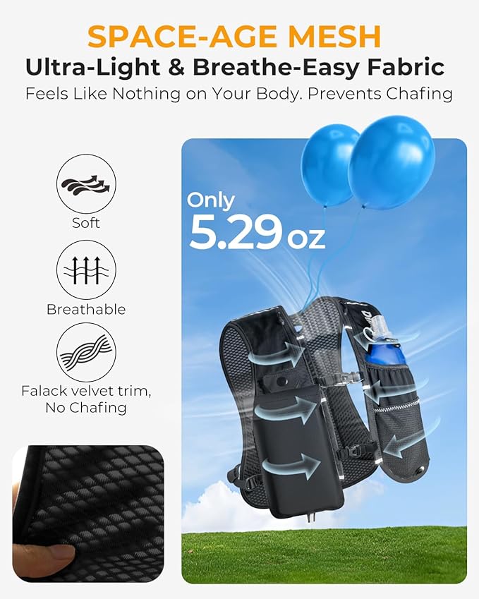 Running Vest for Women Men, Lightweight Hydration Runner Vest with Transparent Waterproof Phone Pocket, 17oz Soft Flask, Adjustable Chest Straps Reflective Backpack for Hiking Cycling Jogging