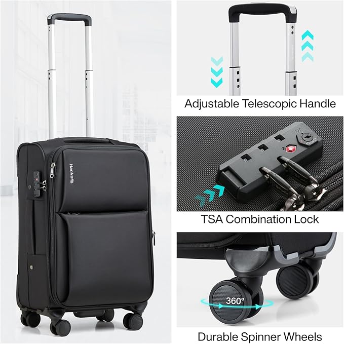 Hanke Softside Expandable 20 Inch Carry On Luggage with Wheels Airline Approved, TSA Luggage Lightweight Rolling Suitcases for Travel Carry On Bag(Black)