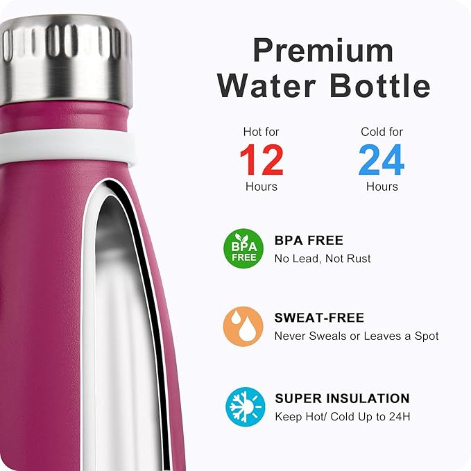 9 oz Water Bottle for Kids Stainless Steel Vacuum Insulated Flask Cola Shape Leak Proof Sports Water Bottle (Fuchsia Red)