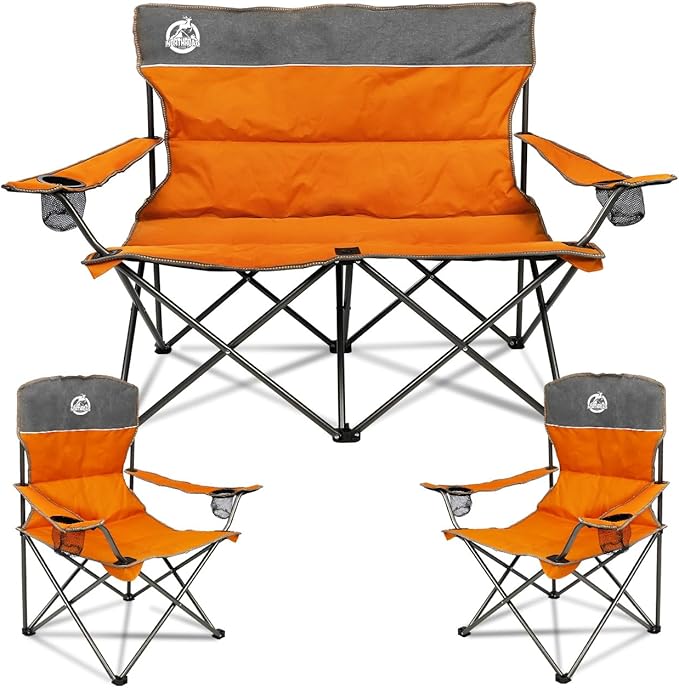 Northroad Outdoor Camping Chair Set of 3,Folding Padded Camp Chair w/1 Sofa,2 Single Chairs,Collapsible Conversation Set for Family Patio, Beach(Orange)