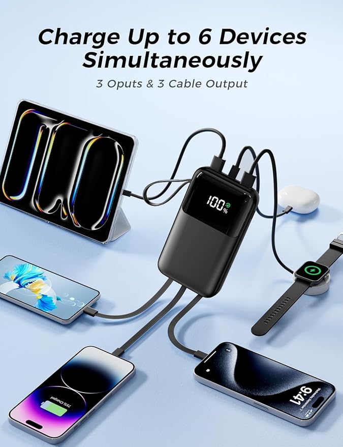 Power Bank, 15000mAh Portable Charger with Built in Cable, 22.5W Fast Charging, 6 Outputs, Slim Travel Essential Battery Pack with LED Display, Compatible with iPhone 17/16/15/14/13, Samsung, iPad