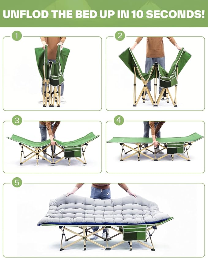 Sportneer Camping Cot: 1200D Double Layer Oxford Camping Cots for Adults - Heavy-Duty Foldable Cots for Camping Travel Tent Day Outdoor & Home Guest, Camping Cots with Mattress Carry Bag & 2 Pockets