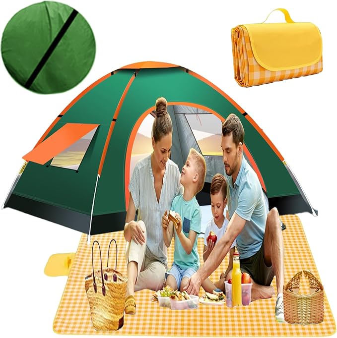 Pop Up Compact Camping Tent, Instant Pop Up Tent with Picnic Mat, Portable Automatic Waterproof Easy Setup Quick-Open Tent, Outdoor Camping Beach Travel