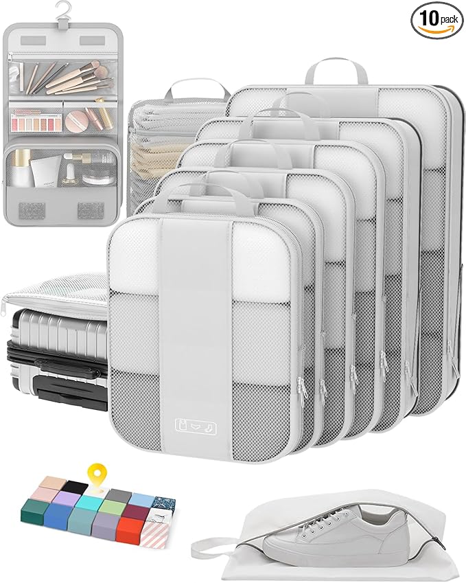 10 Set Compression Packing Cubes for Travel Essentials,Compressible Expandable Packing Cubes for Suitcase,OlarHike Luggage Organizer Bags for Travel,Handy Helper for Organizing Clothes(White)