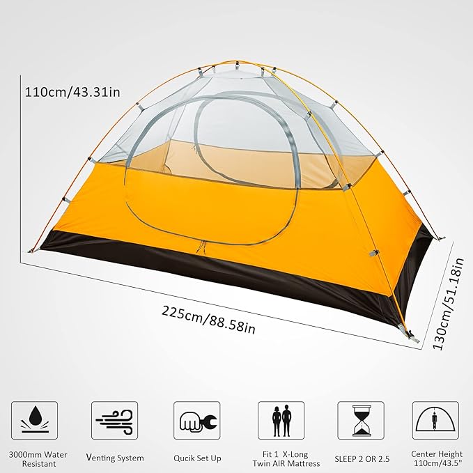 Bessport Camping Tent 1/2 Person Tent Waterproof Two Doors Backpacking Tent Easy Setup Lightweight for Outdoor, Hiking Mountaineering Travel