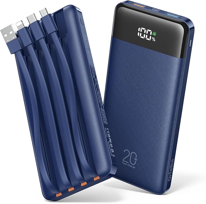 Orfeika 20000mAh Power Bank Fast Charging, Portable Charger with 4 Built-in Cables & 6 Outputs, 20W PD USB C Battery Pack Compatible with iPhone 16/15, Galaxy, Android, iPad & More (Travel Essential)