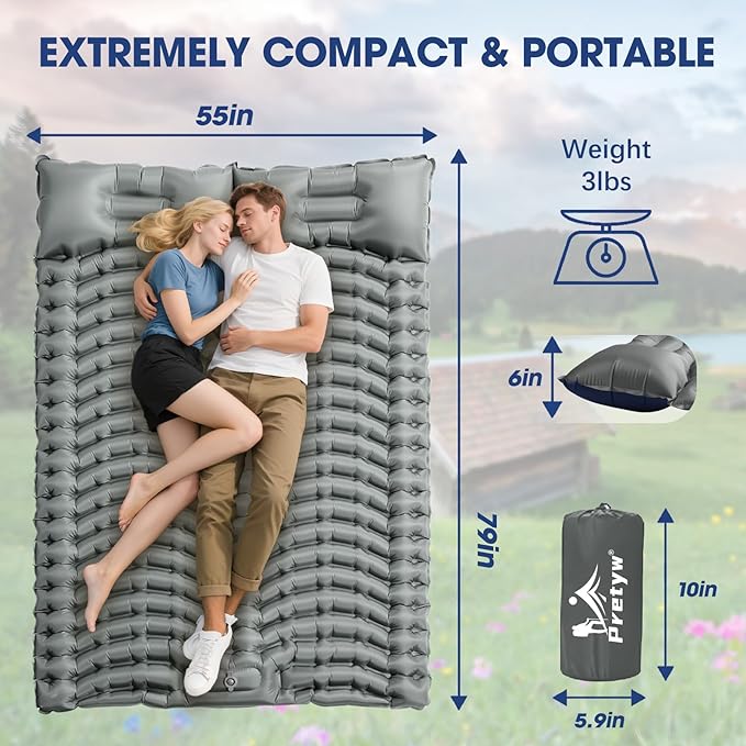 Double Sleeping Pad for Camping - Ultralight Camping Mattress with Pillow, Built-in Foot Pump, Compact Inflatable 2-Person Portable Mat for Backpacking, Hiking, Car Traveling, Beach, Tent