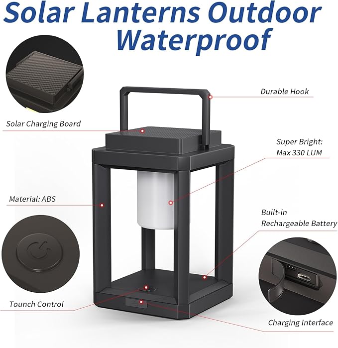 Solar Lantern Outdoor Table Lamp, Portable Rechargeable Solar Lamp Waterproof, 3-Level Brightness LED Nightstand Lantern, Touch Control Outdoor Lamps for Patio Reading Camping