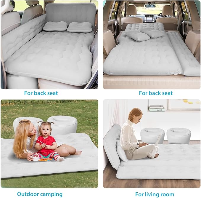 ISWEES Car Bed SUV Air Mattress, Car Air Mattress with Electric Pump, 2 Inflatable Pillows and 2 Footrests for Back Seat, Side Seat,Trunk Sleeping, Thickened Camping Bed - Grey