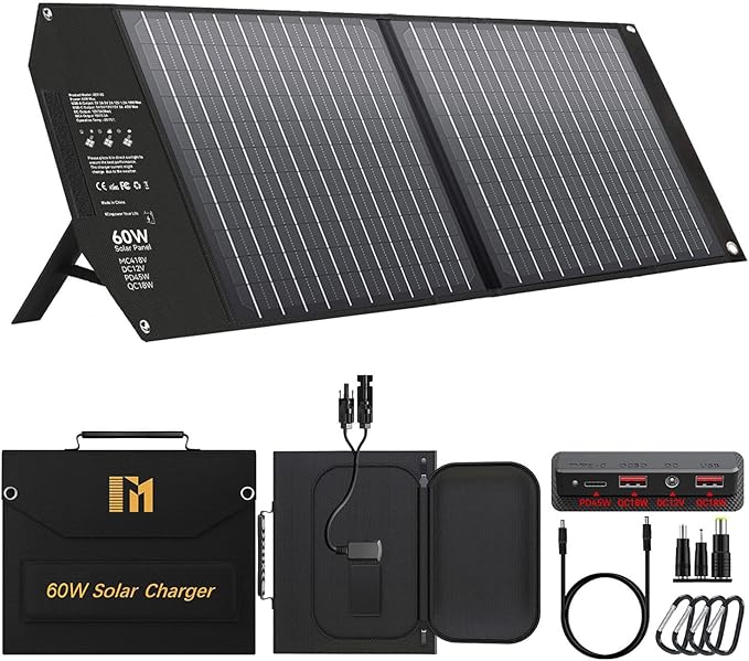 60W Portable Foldable Solar Panels Chargers with PD3.0 PD45W USB-C QC3.0 USB-A 18V DC MC4 Outputs for Camping Backpacking RV Trip Fast Charging for Small Power Station Generator Cell Phone Power Bank