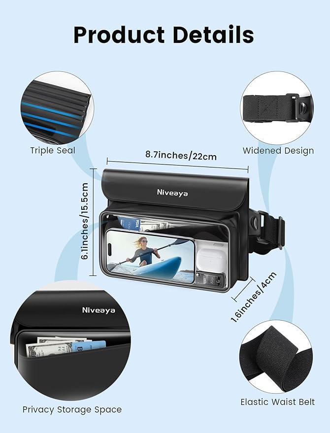 Niveaya IP68 Waterproof Fanny Pack - 2 Pack, Floating Dry Bag Pouch, Phone Waterproof Waist Pouch Dry Bag, Beach, Kayaking, Swimming, Boat Essentials, for iPhone 16/15/14/13/12 Pro Max up to 9.5"