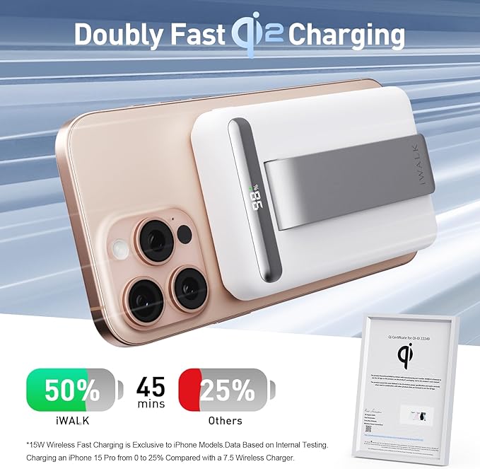 iWALK Qi2 Certified 15W Magnetic Wireless Power Bank, 10000mAh Portable Charger with Adjustable Stand & LED Display, Fast Charging for iPhone 16/15/14/13/12 Pro/Pro Max/Plus/Mini