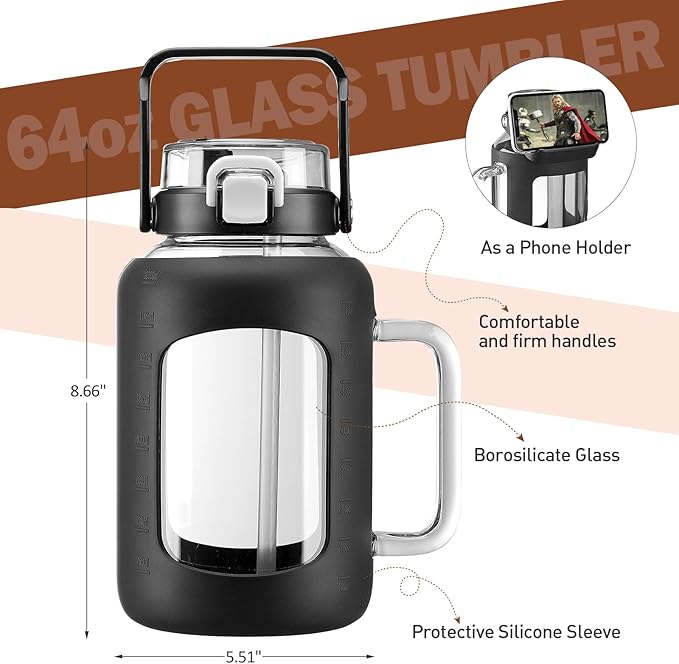 BLUEGO Water Bottle 64 oz Tumbler with Lid and Straw, Glass Water Bottle with Straw, Water Tumbler with Handle Half Gallon Water Jug Large Waterbottle for Daily Water Intake, BPA Free, Black