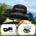 Solar Fan Hat for Men,Wide Brim Sun Hat with 3 Solar Fans,Neck Gaiter and Arm Sleeves,Fishing Hat with Solar Fans Built in,Outdoor Fishing Hiking Gardening Cool Hats Black